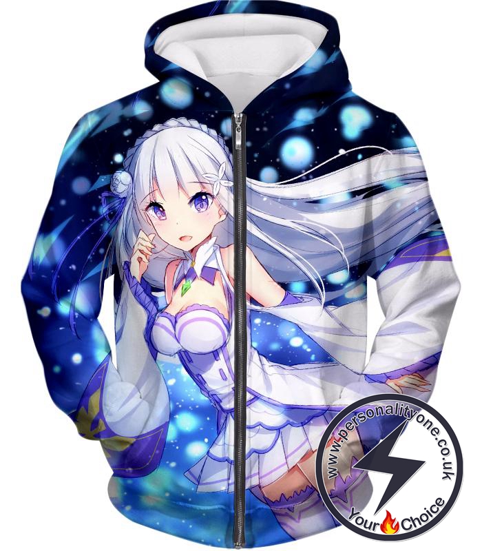 Re:Zero Very Beautiful Princess Emilia Cute Black Zip Up Hoodie